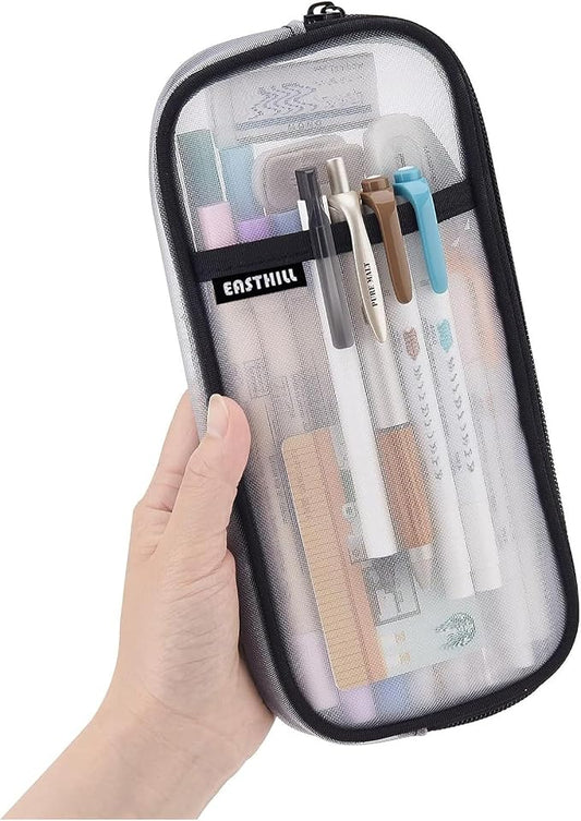 EASTHILL Grid Mesh Pen Pencil Case with Zipper Clear Makeup Color Pouch Cosmetics Bag Multi-Purpose Travel School Teen Girls and Boys Transparent Stationary Bag Office Organizer Box for Adluts(White