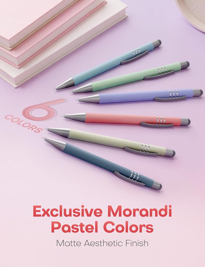 Morandi Gel Pens, 6 Pack Black Ink Pens, Premium Aesthetic Retractable Pens with Stylus,0.5mm Fine Tips, Quick-Drying Ink for Smooth Writing, for Journaling, School, Office, Teachers, Gifts
