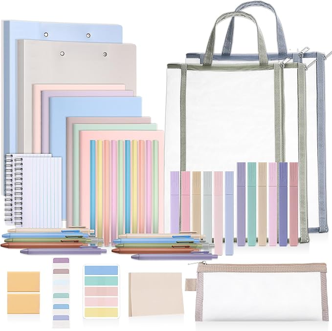 Colarr 54 Pcs Aesthetic College School Supplies Back to School Set,Morandi | 3 A5 + 3 B5 Lined Notebook, 12 Gel Pen, 12 Pencil, 12 Highlighter, Sticky Tabs, Folder Storage Bag, Journal Stationery Set