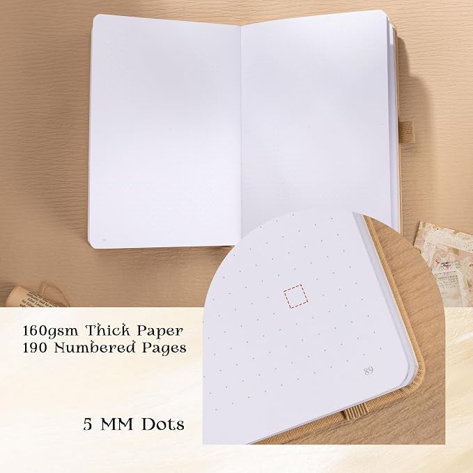MGGAO Dotted Journal for Women Men, A5 Hardcover Dot Notebook | Aesthetic Notebook with 190 Numbered Pages, 160 GSM Thick Paper, Golden Edges, for Writing, Note Taking, Journaling