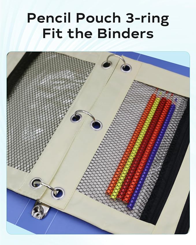 Pencil Pouch for 3 Ring Binder - 3 Hole Zipper Pen Case Bag Holder Bulk Accessories Clear Window Aesthetic Organizer Pockets