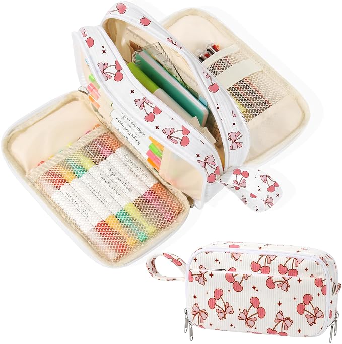 BuyCard Large Capacity Pencil Case, White With Pink Cherry Pattern, Corduroy Pencil Bag with Zipper Closure, Graduation Gift Office Stationery Storage Pen Pouch for Classroom Teacher