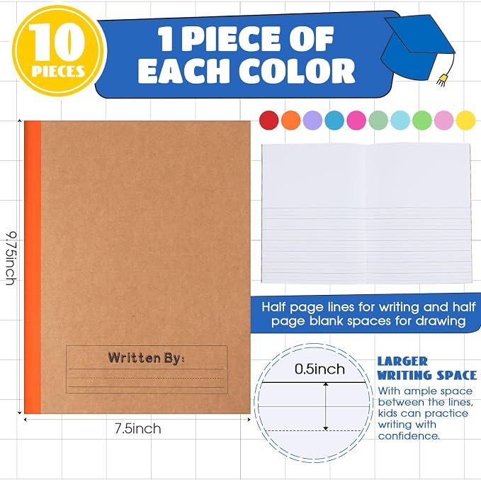 Henoyso 10 Pack Primary Composition Notebook, 9-3/4" x 7-1/2", Kids Primary Journal, K-2 Writing Notebook for Kids Student Draw Write Story Journal Half Blank Books(Stylish Color)