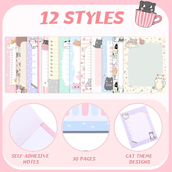 Chiisong 12 Pieces Cats Sticky Notes Cute Cat Gift Self Stick Notepads 3x4 Inch Kawaii Memo Notes for Animal Lover Cartoon Animal to Do List for Office Home Supplies Roommates Gift