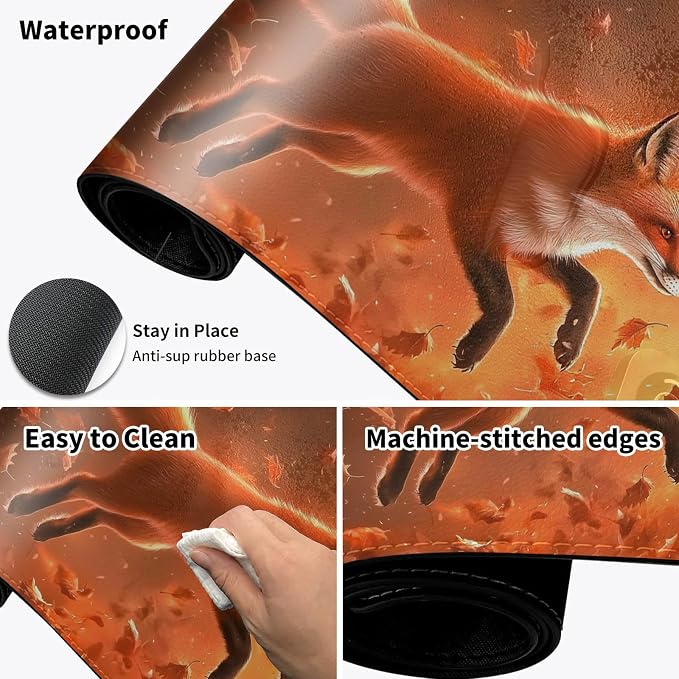 Heated Desk Pad Mouse Pad,Heated Desk Mat,with 3 Heating Levels & 3 Hours Auto Shut-Off,Leather 23.6"*14.2" Gaming Mouse Laptop Mat,Foot Warmer,Cute Red Fox Forest