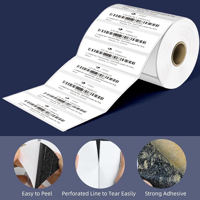 L LIKED 4" x 1" Direct Thermal Labels, Permanent Adhesive Barcode Shipping Labels & Compatible with Rollo, Zebra and Other Desktop Printers (1 Roll, 1400 Labels)