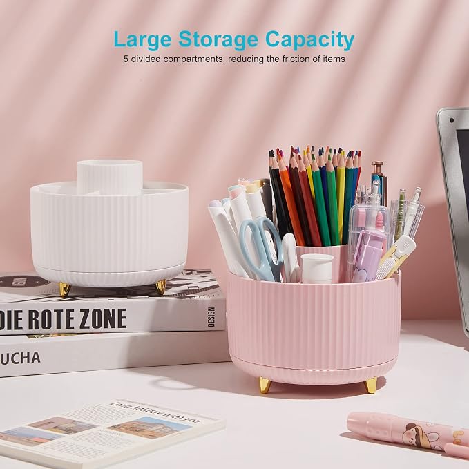 360 Degree Rotating Desk Pen/Pencil Holder, 5-Slot Organizer, Cute Pink Desk Accessory