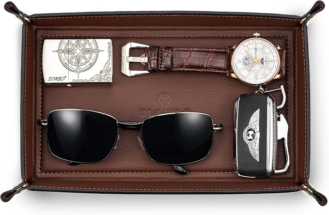 VLANDO Valet Tray for Men, Foldable PU Leather Catchall, Mocha Brown | Travel Catchall Tray, Jewelry Tray and Dresser Organizer for Keys, Wallet, Watch, Glasses, Rings and Small Accessories