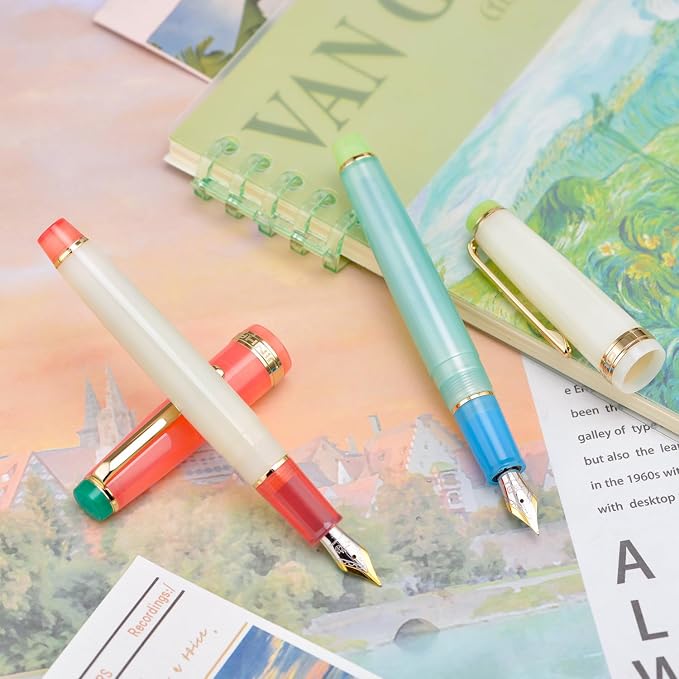 2PCS Jinhao 82 Fountain Pen Extra Fine Nib & Fine Nib with Converter, Mixed Macaroon Blue Red Gold Trim Writing Pen Set