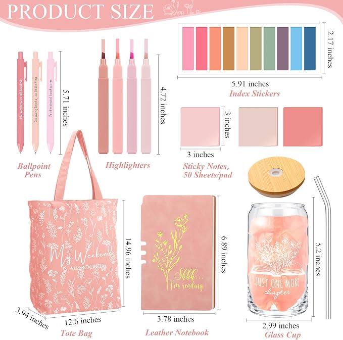 Havawish 14 Pcs Book Lovers Gift for Women 16 oz Glass Cup Tote Bag A6 Journal Notebook Pens Highlighters Sticky Notes Back to School Teacher Librarian Bookish Book Club(Pink,Aesthetic)