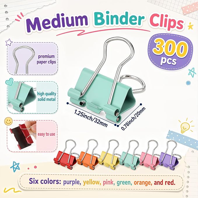 Yexiya 300 Pcs Medium Binder Clips Sturdy 1.25 Inch Muticolor Paper Med Clips Office Supplies Paper Clamps for Office Teachers Students School Business Supplies