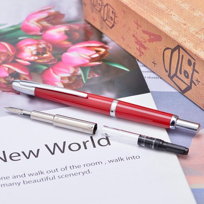 Jinhao 20 Press Retractable Fountain Pen Medium Nib with Converter Resin Writing Gift Pen, Wine Red