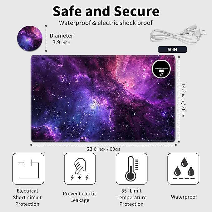 Heated Desk Pad Mouse Pad,Heated Desk Mat,with 3 Heating Levels & 3 Hours Auto Shut-Off,Leather 23.6"*14.2" Gaming Mouse Laptop Mat,Foot Warmer,Purple Galaxy Glliter
