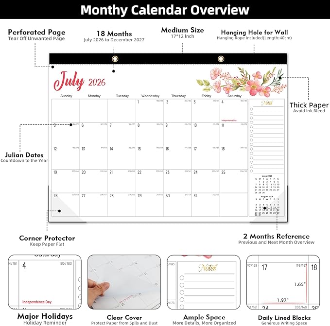 Tcamp Desk Calendar 2026-2027, 18 Months Desktop Calendar from July 2026 to December 2027, Large 17" x 12" Wall Calendar with Julian Dates, Desk Planner for Home School Office Desktop