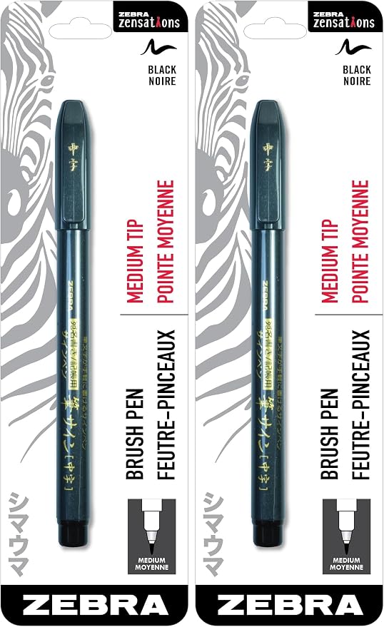Zebra Pen Zensations Brush Pen, Medium Brush Tip, Black Water-Resistant Ink, 2-Pack