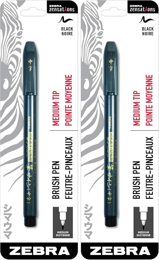 Zebra Pen Zensations Brush Pen, Medium Brush Tip, Black Water-Resistant Ink, 2-Pack