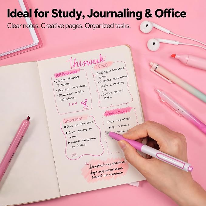 WRITECH Gel Pens Journaling Highlighters: Pink Journal Set Assorted Pastel Color 0.5mm&0.7mm Fine Point Retractable Black Ink Pen Mechanical Pencil Smooth Writing Drawing 8ct
