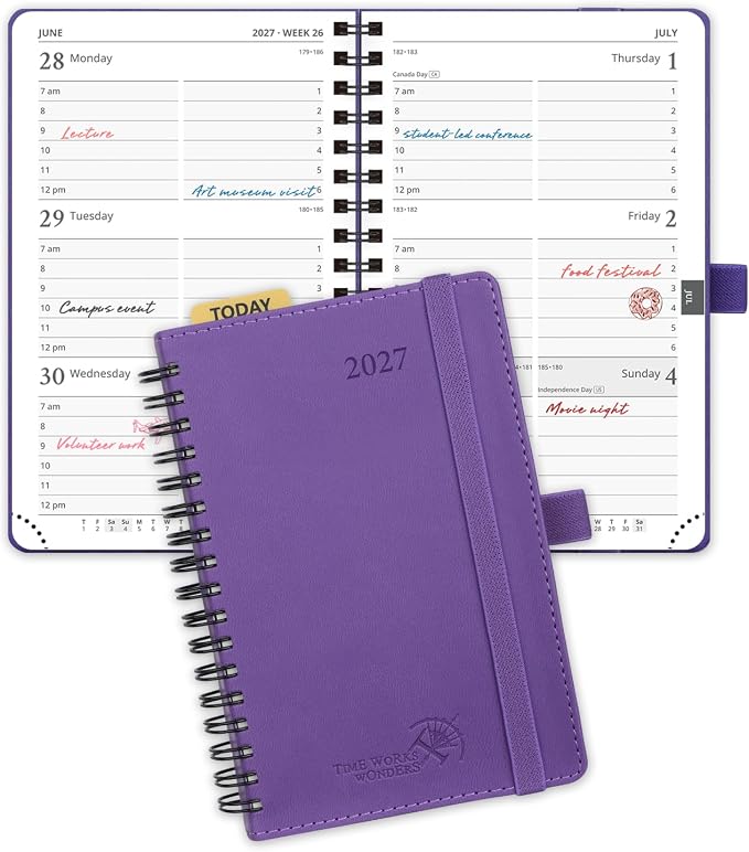 POPRUN 2027 Pocket Planner (Small-4'' x 6.25'') Weekly and Monthly Calendar | 2027 Agenda(Jan - Dec) Appointment Book with Hourly Time Slots, Monthly Tabs, 100GSM, Spiral Leather Cover - Purple