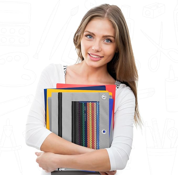 Pencil Pouch for 3 Ring Binder - 3 Hole Zipper Pen Case Bag Holder Bulk Accessories Clear Window Aesthetic Organizer Pockets