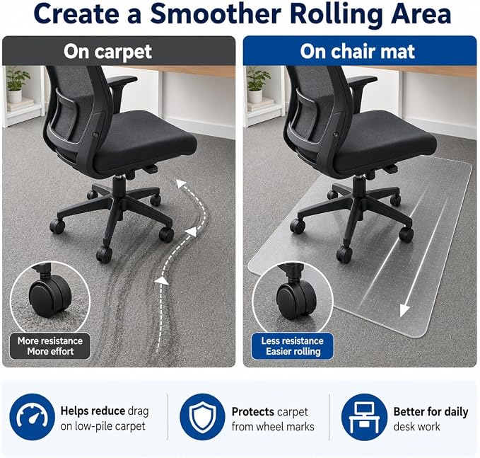 Office Chair Mat for Carpet: 36" x 48" Plastic Heavy Duty Computer Desk Mats for Low Flat and No Pile Carpeted Floor - Clear Rug Pad for Rolling Chairs Office Work Home Gaming Rectangle