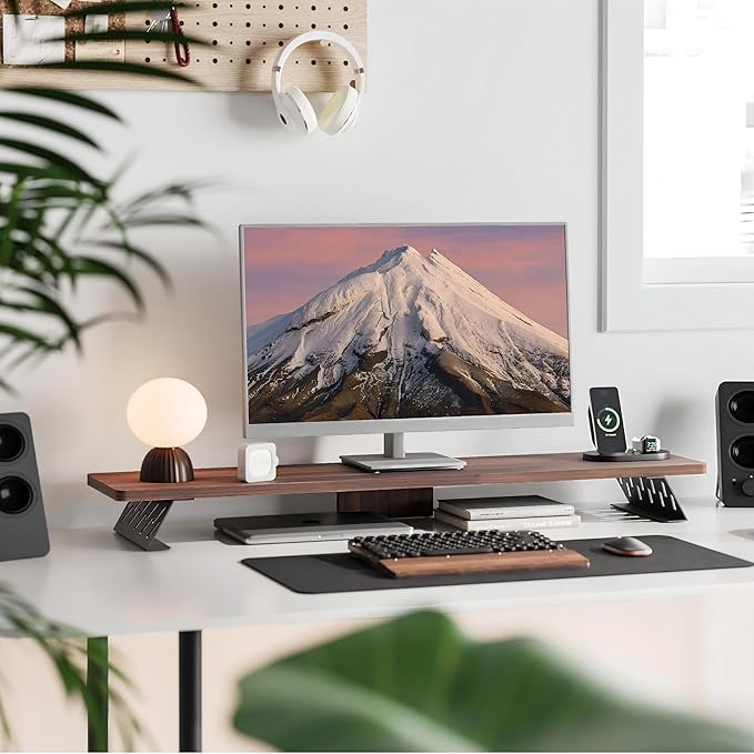 Fenge Monitor Stand Riser, Wooden & Metal Desk Shelf Organizer, Brown | 42.5 Inch Dual Monitor Riser for 2 Monitors, Multifunctional Monitor Shelf for Laptop, PC, Printer