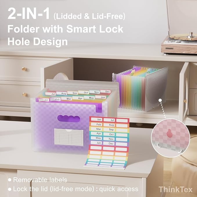 ThinkTex Accordion File Organizer, 12 - Pocket Expanding File Folders | for Paper Receipts, Bills & Taxes Organizer, Letter/A4 Size Document Holder for School, Office, Home with tabs-Purple