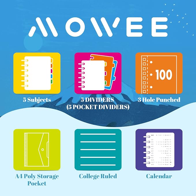 5 Subject Notebook - Spiral Notebook, College Ruled Notebook With Dividers Pocket, Tabs, 11" Ruler, 200 Pages, for Writing Journal, Home & Office, School Supplies, 8.5''x11'' Violet | 200 Pages, 11" Ruler, 8.5"x11" Violet, Pocket Dividers with Tab Labe...