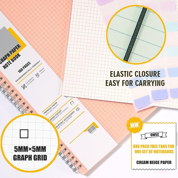 OWSC 4 Pack Graph Spiral Notebook, Hardcover Notebooks for Work A5 Graph | 5.9 x 8.3 IN Notebooks College Ruled for Note Taking, School and Journal with 80 Sheets/160 Pages 110 GSM Thick Papers