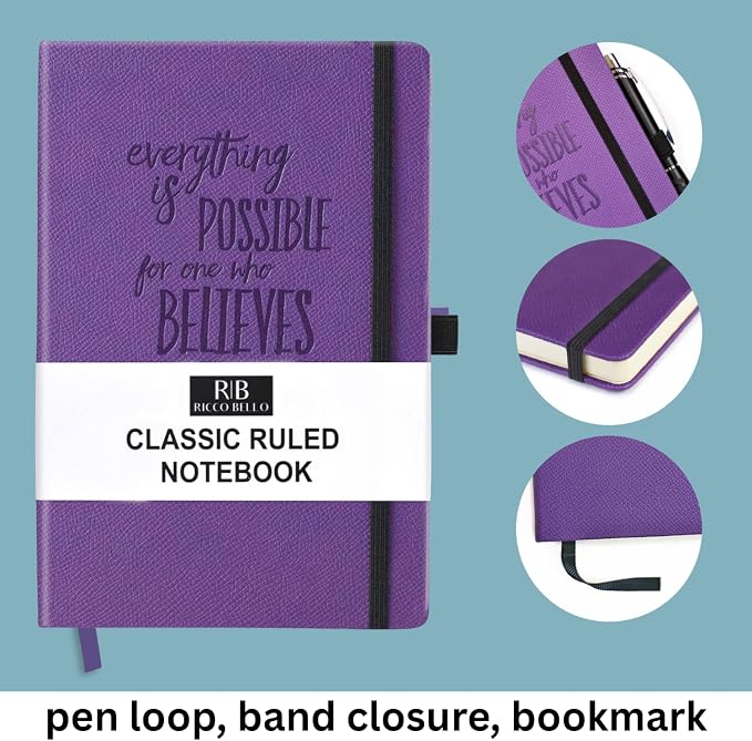 RICCO BELLO Lined Journal Notebook, Purple Inspiration, 5.7 x 8.4-Inch | Faux Leather Hardcover, College Ruled, 96 Sheets / 192 Pages, Pen Holder, For Work & Notes