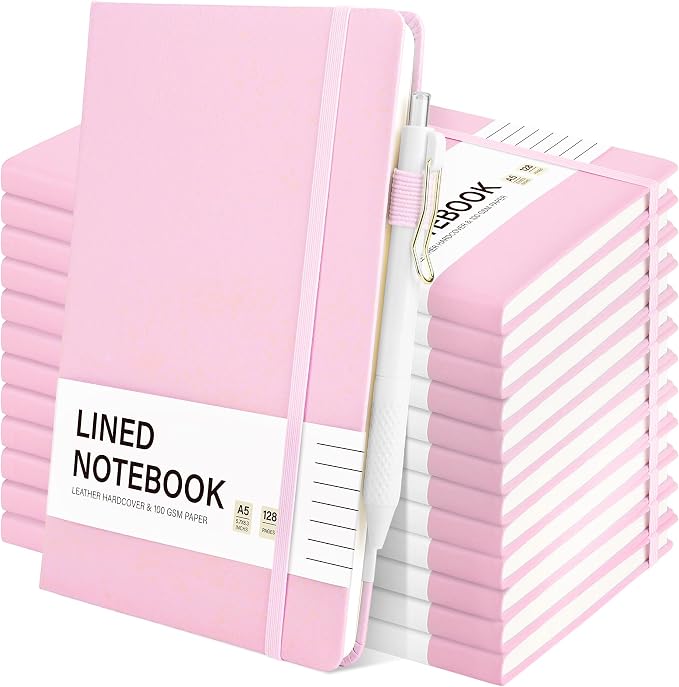 Aodaer 12 Set Lined Notebook Journals with Pens A5 Notebooks 100 GSM College Ruled Hardcover Notebook PU Leather Notepad with Pen Holder for Office School, 5.7 x 8.3 Inches, Pink
