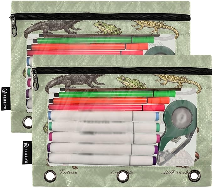 Green Animal Pencil Pouch for 3 Ring Binder 2 Pcs Pockets Pencil Pouches Bag with Clear Pencil Case Cosmetic Bag for Storing College Office Supplies