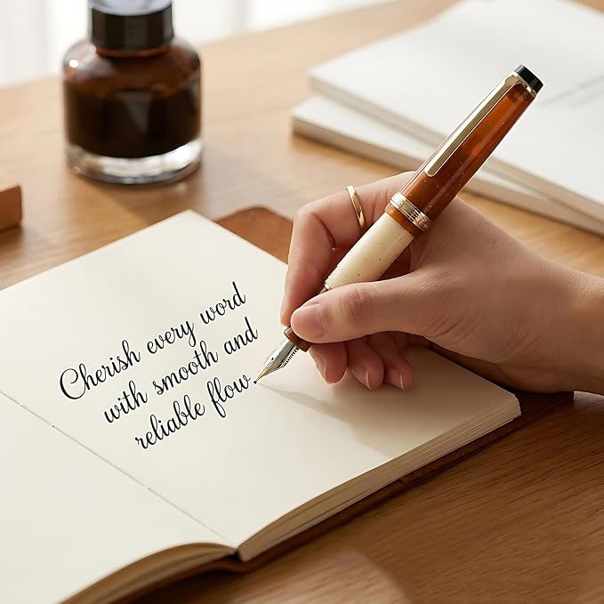 Jinhao 82 Acrylic Fountain Pen Set (2 Pack), Fine Nib Pen, Milk Coffee | Smooth refillable writing pens with converter for journaling, calligraphy & office use. Features a translucent body.