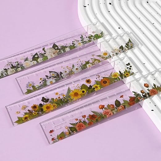 BAYTORY 4 Pack Clear Plastic Rulers 6 Inch, Aesthetic Acrylic Small Ruler | Measuring Drafting Metric Bulk Mini Ruler with Centimeters for School Home Office (Clear Flower 6 Inch)
