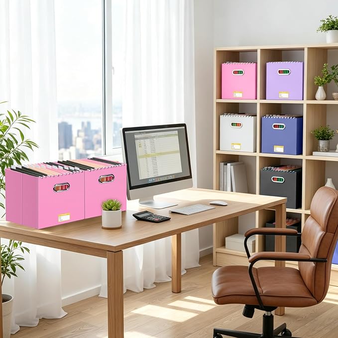 BALEINE File Organizer Box, Cardboard File Folder Organizer with Handle for Letter Size, Portable Collapsible Hanging Filing Box for Home Office Document Storage (8 Pack, Large Pink)