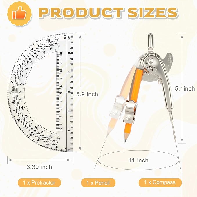 Mototo 2-PCS Geometry Tool Set, Math Compass for Geometry and 6 Inch Protractor Set Include Metal Compass with Pencil and Clear Plastic Protractor for Student Classroom Office Woodworking Art Drawing