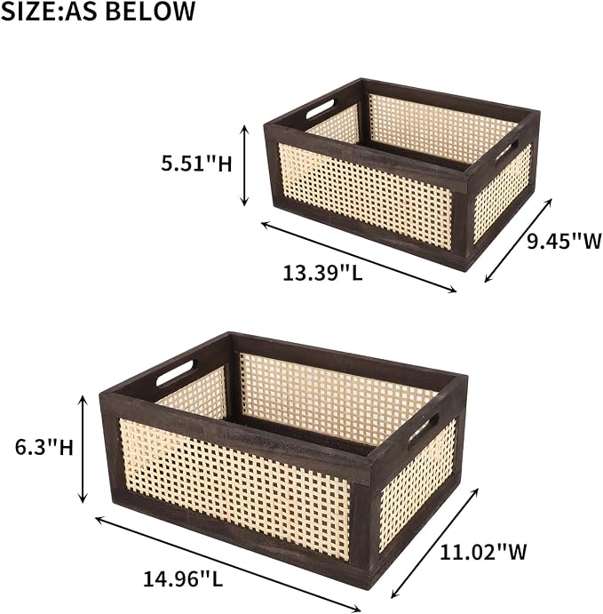 Desktop Storage Basket, Sundry Office Drawer Storage Box, Wood Frame Storage Basket. (Brown-Set2)