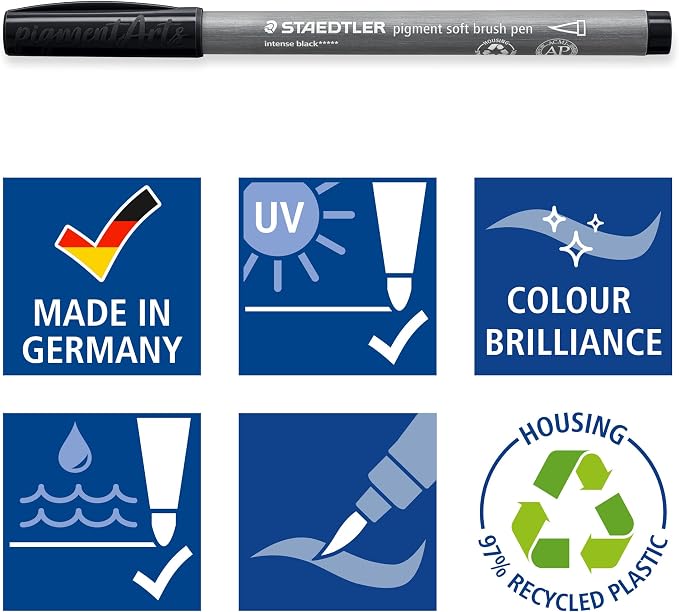 STAEDTLER Pigment Arts Soft Brush Pen, Grey Colours, Pack of 6 Pens, 372 C6