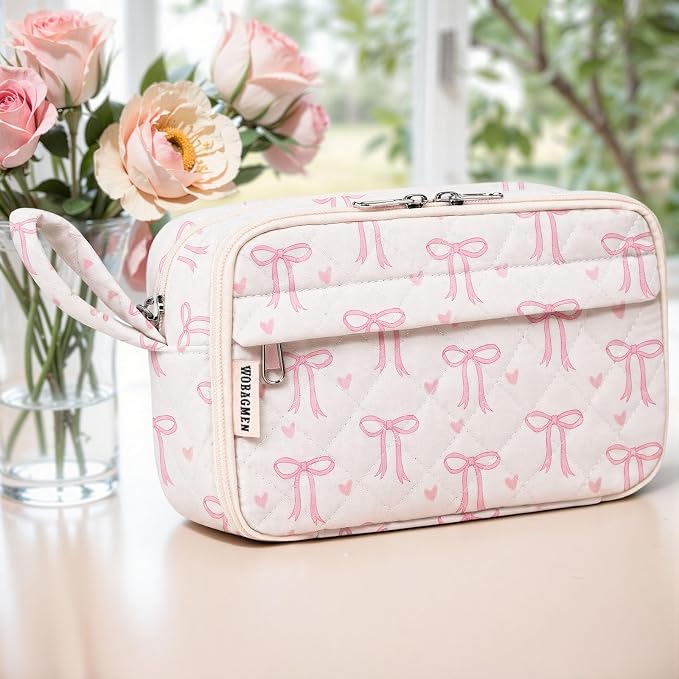 WOBAGMEN Quilted Pencil Pouch for Girls Women, Large Pencil Case Pouch with Compartments Cute Aesthetic Pencil Case Organizer, Floral Pencil Bag for School Supplies (Pink Bow)
