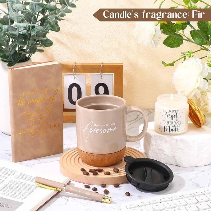 Sayglossy 4 Pcs Thank You Gifts Set for Men Back to School Teacher Appreciation Gift Leather Notebook Inspirational Coffee Mug Scented Candle Ballpoint Pen for Male Employee Coworker Boss Nurse, Gold