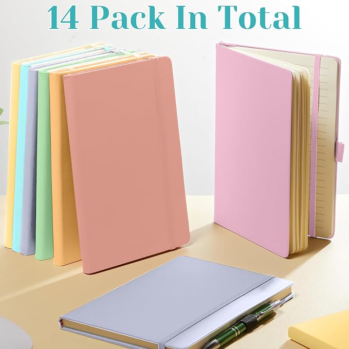Laumoi 14 Pack Hardcover Journal Notebooks Bulk A5/A4/B5 Journaling Notebook Wide Ruled PU Leather Ruled Lined Journals with Pen Holder for School Business Work Writing (Candy Color,A5)