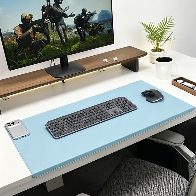 Edge-Locked Leather Desk Pad, Desk Blotter with Full Grip Fixation Lip, Waterproof Large Office Table Mat, Non-Slip Laptop Mouse Pads for Work Typing Writing (Sky Blue,23.6"x13.8")