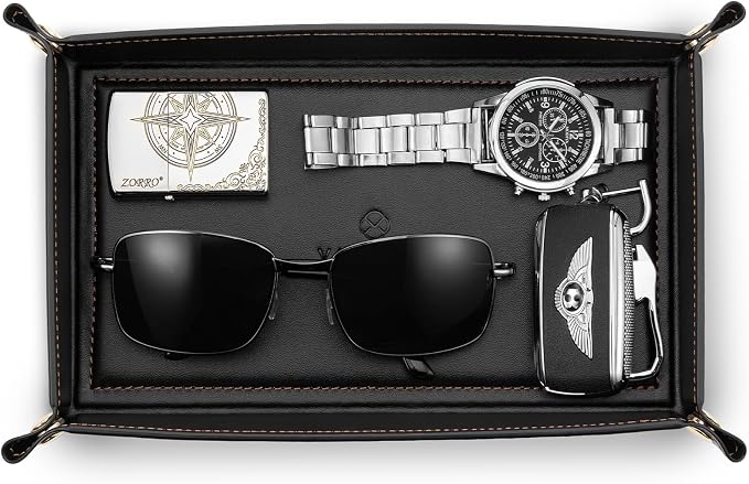 VLANDO Valet Tray for Men, Foldable PU Leather Catchall Tray, Black | Travel Valet Tray for Keys, Wallet, Watch, Phone and Glasses, Nightstand Dresser Desk Entryway Organizer for Men and Women