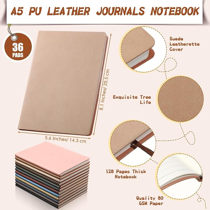 PerKoop 36 Pcs A5 PU Leather Journals for Laser Engraving, 8.1 x 5.6 Inch Lined Notebook Blanks 128 Pages, Lay Flat Ruled Writing Notebooks for DIY Crafting Office School Gifts (Morandi Color)