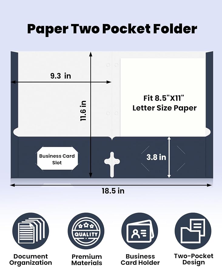 SUNEE Two Pocket Folders, 50 Pack File Folders with Business Card Slot, Textured Paper, Fit Letter Size Paper, Paper File Folder for School Office Home Business, Navy Blue