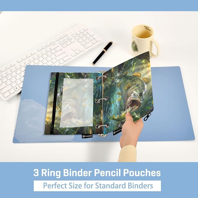 Largemouth Bass Fish Pencil Pouches for 3 Ring Binder, Zipper Binder Pencil Case, 2 Pack Clear Window Case Bag for Office Organizers