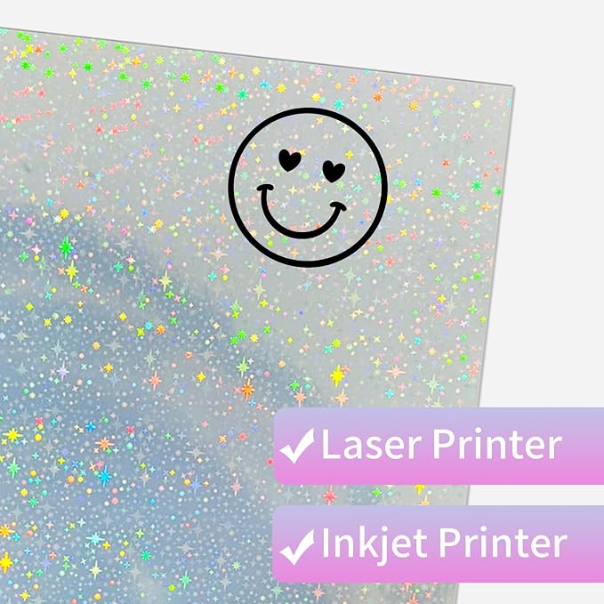 STARLIBOO 25 Sheets Holographic Sticker Paper for Inkjet&Laser Printer, Printable Vinyl Sticker Paper Self-Adhesive, 8.5" x 11" (Laser Star)