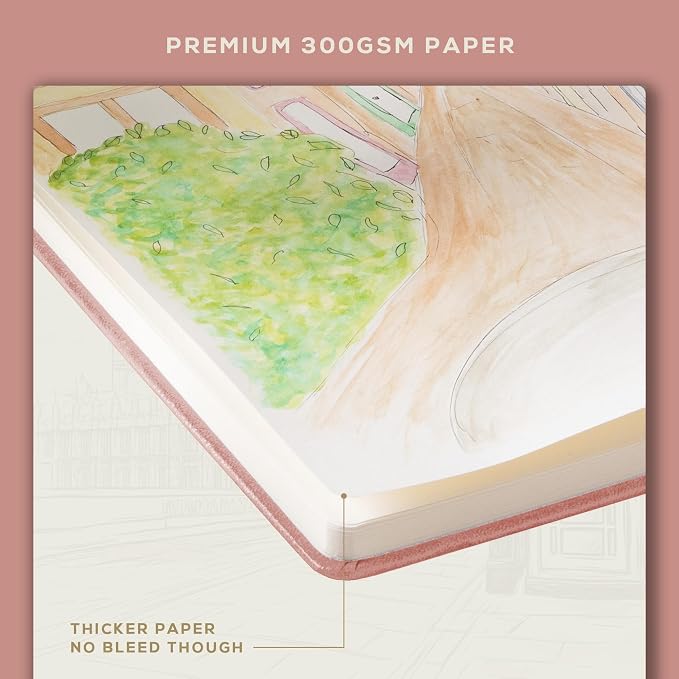 Beechmore Books 300 GSM Heavyweight Mixed Media Sketchbook A5 5.8"x8.3" - 96 Pages, Vegan Leather Hardcover Professional Art Journal for Paintings, Gouache and Ink
