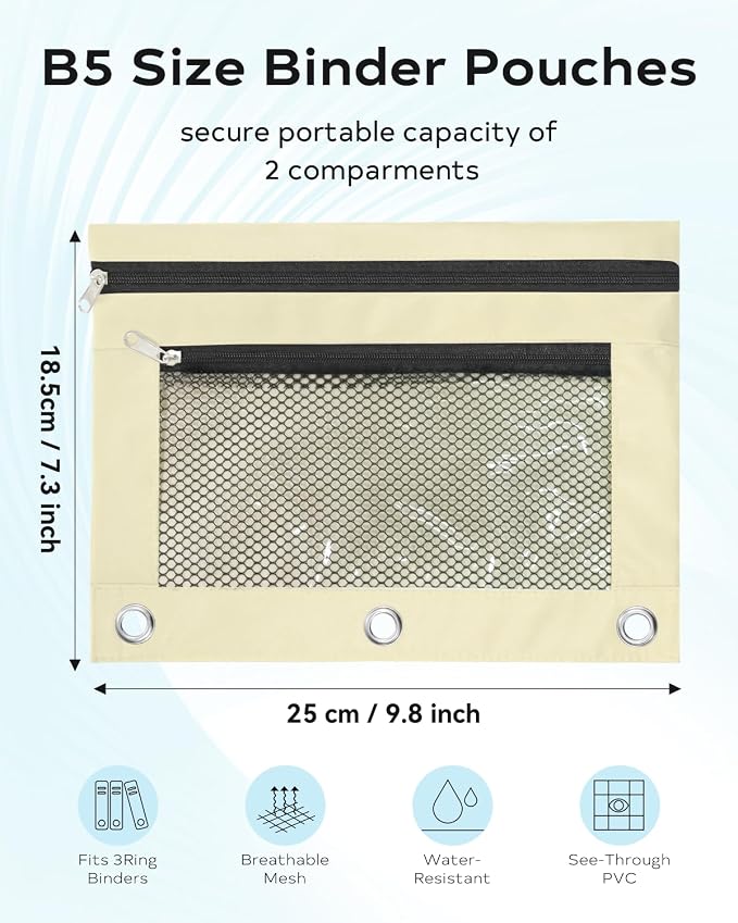 Pencil Pouch for 3 Ring Binder - 3 Hole Zipper Pen Case Bag Holder Bulk Accessories Clear Window Aesthetic Organizer Pockets