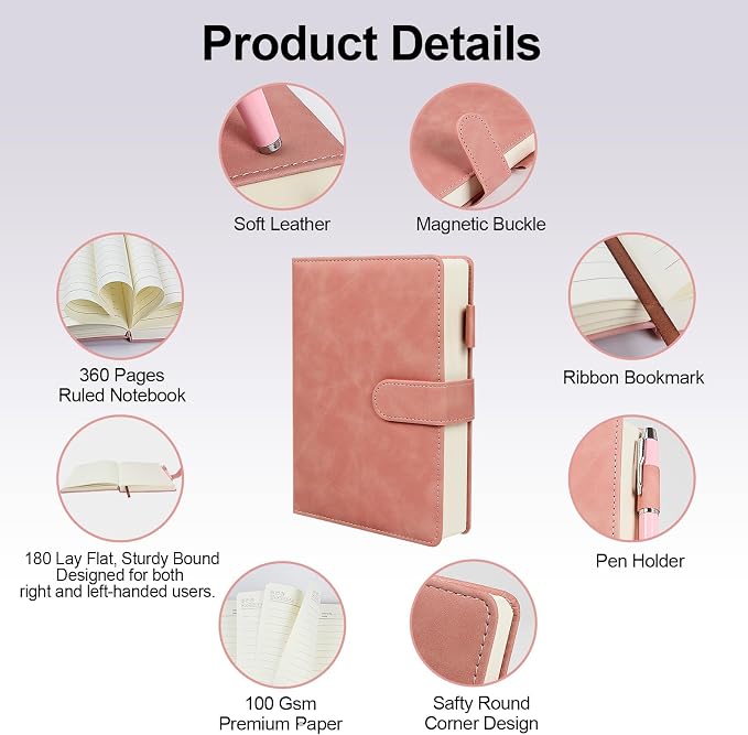 A5 Leather Journal for Women Men, Hardcover Notebook Set with Pen, Pink | 360 Pages 100GSM Lined Paper, Includes 6 Heart Bookmarks, Gift Box & Bag. Birthday, Graduation, Christmas, Appreciation Gifts