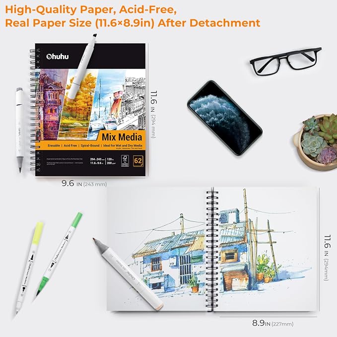 Ohuhu Mix Media Pad, 8.8" x 11.6" Mixed Media Art Sketchbook, 120 LB/200 GSM Heavyweight Papers, 62 Sheets/124 Pages, Spiral Bound Mixed Media Paper Pad for Acrylic, Painting Christmas Gift
